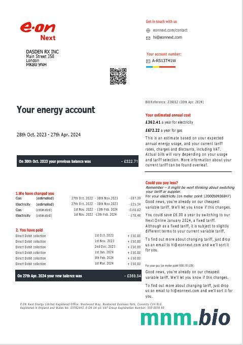 Wielka Brytania Eon gas and electricity rachunek za usługi komunalne w formatach Word i PDF, Wersja 7